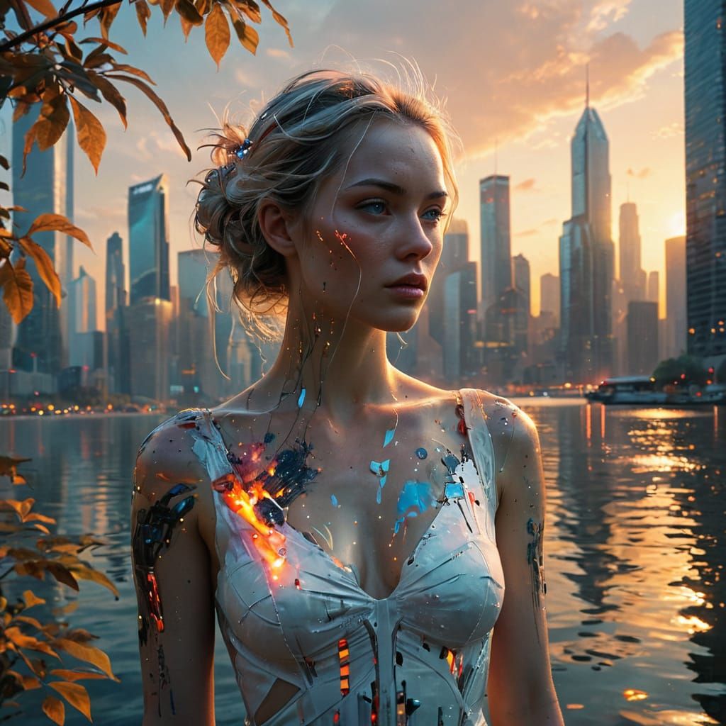 Surreal Woman Blends into Cityscape at Sunset