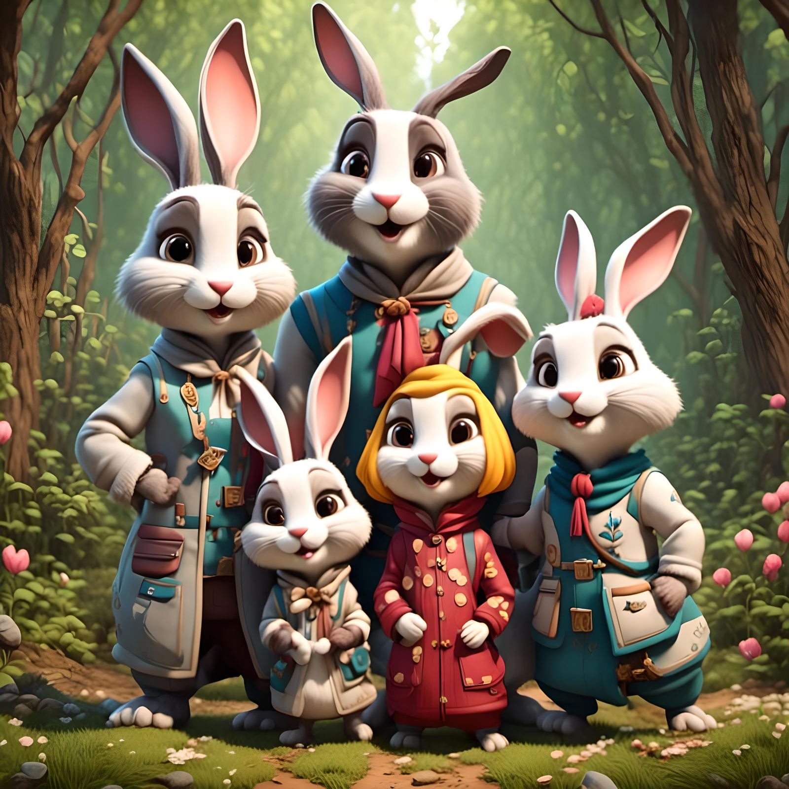 Adorable Rabbit Family Cartoon in Illusional Style