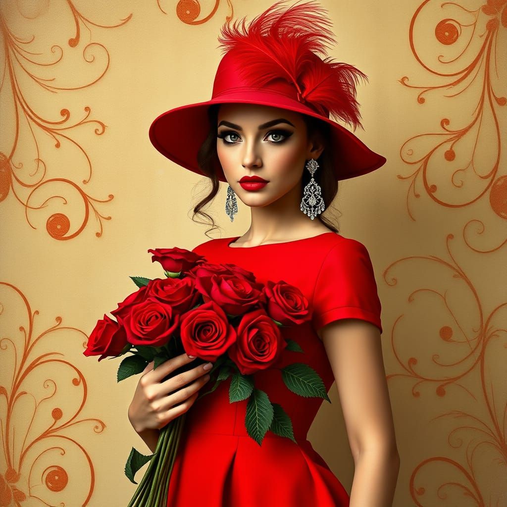 Elegant Woman in Scarlet Red Gown and Hat, Holding Red Roses