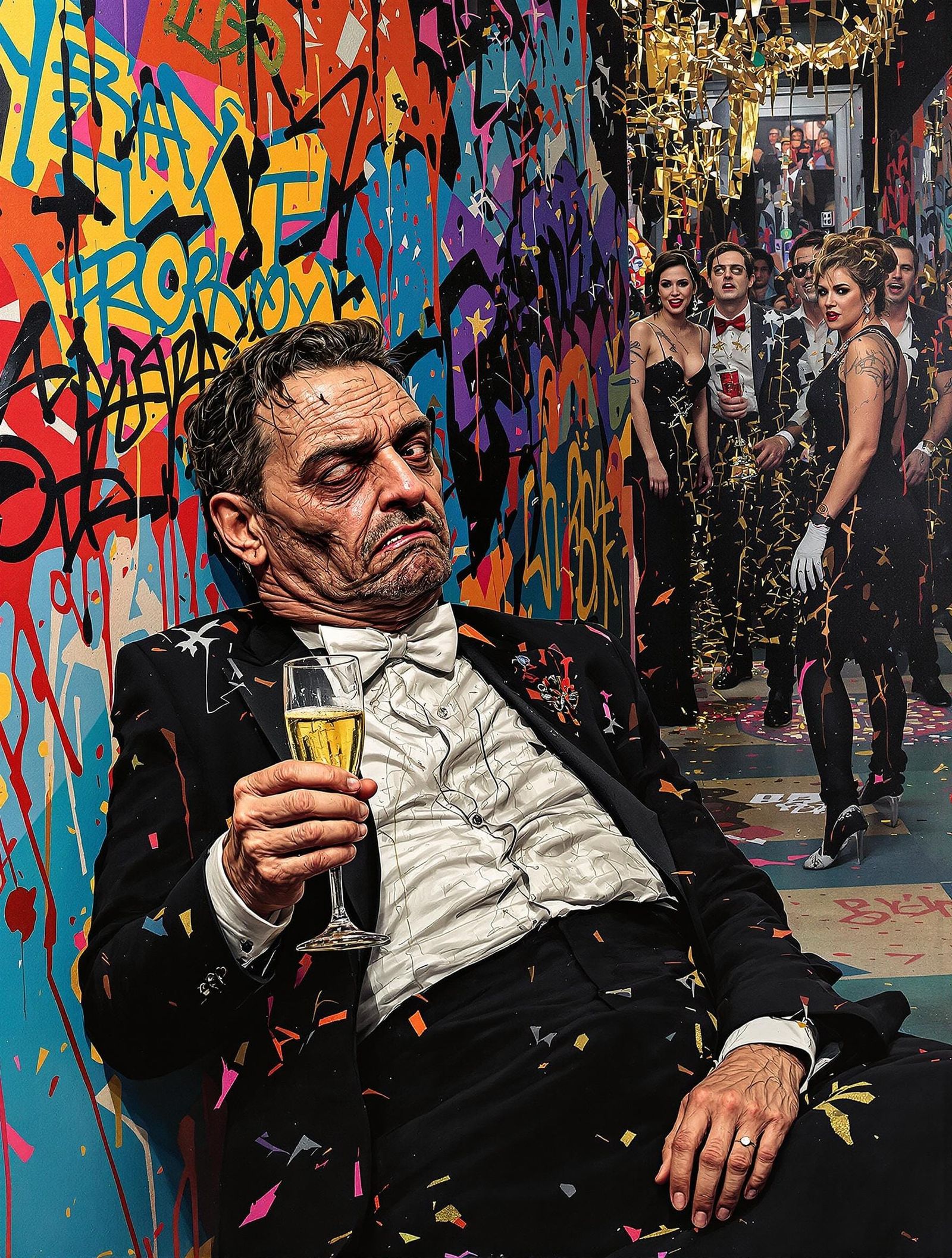 Disheveled Man in Midnight Chaos, in a Distorted Dadaist Sty...