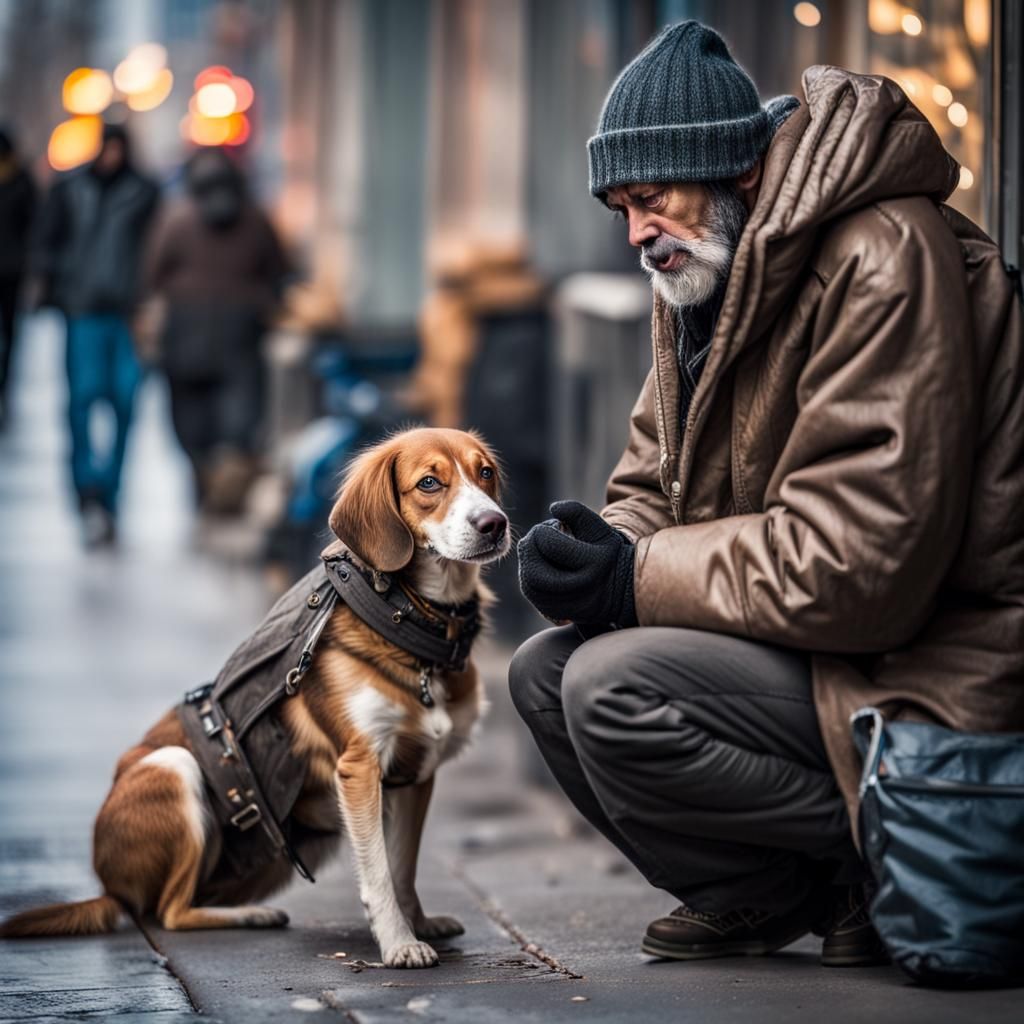 Homeless Man and Dog Begging on City Sidewalk