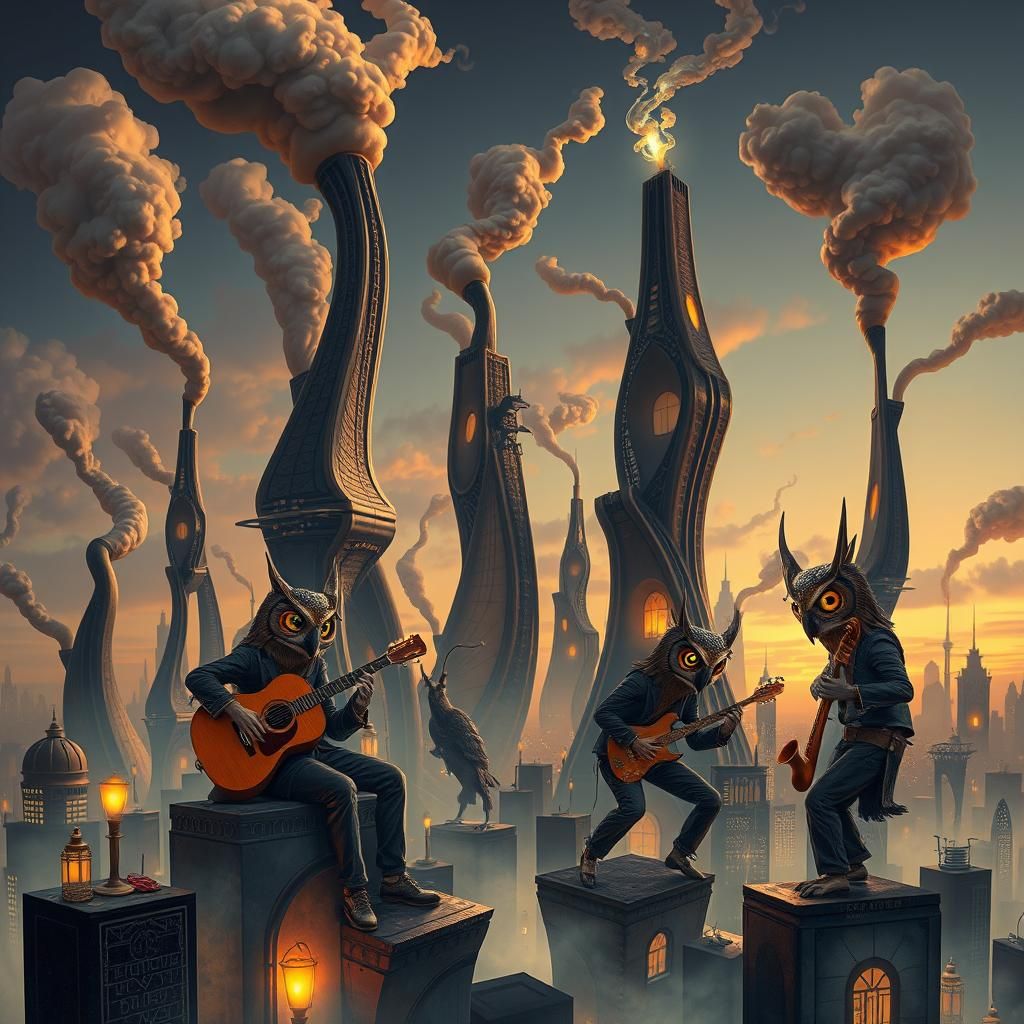 Dreamlike Cityscape with Jazz Owls in Biopunk Style