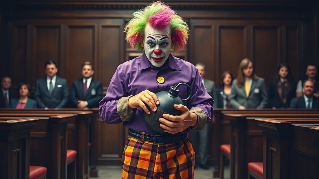 Clown in Courtroom Chaos, in Gritty, High-Contrast Style