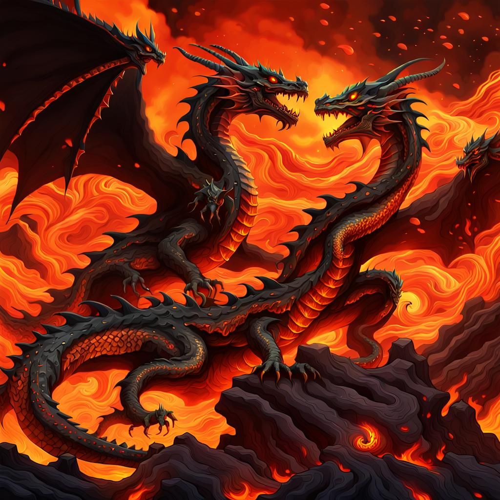 Dragons Flying Above Lava: Maximalist Anime Art