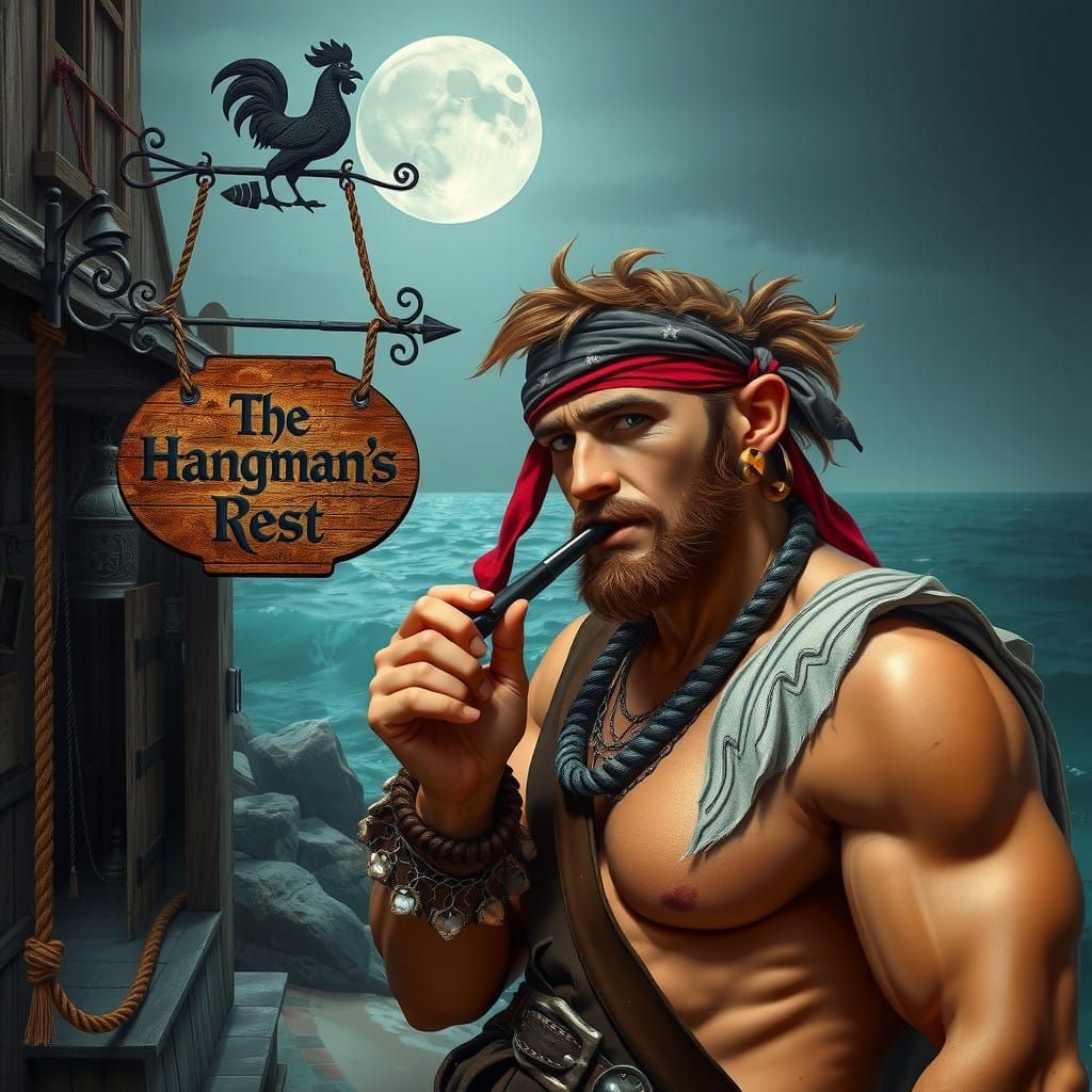 Muscular Pirate Smokes Pipe Outside Medieval Tavern