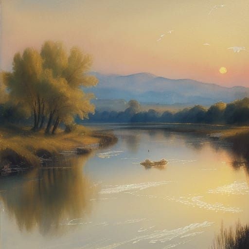 Starlings in Sunset Glow Over a Serene River