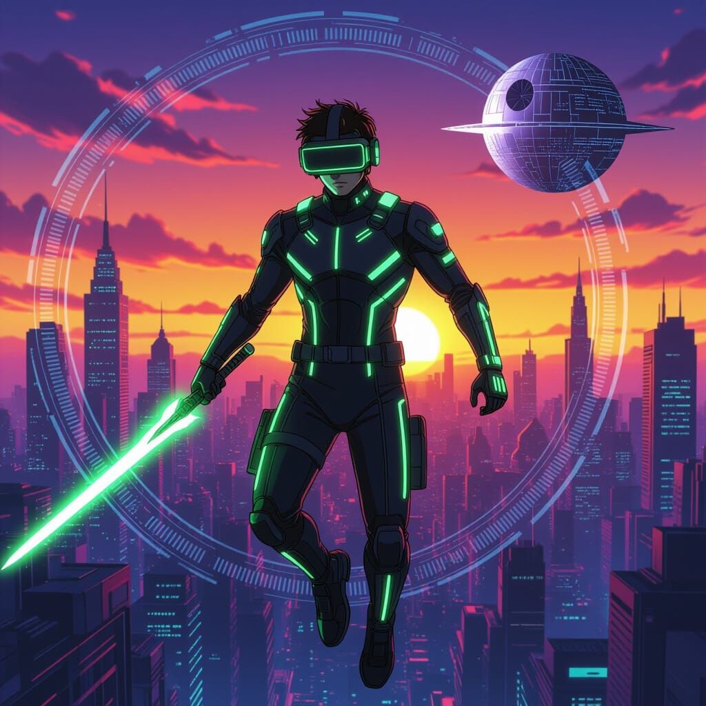 Cyberpunk Anime Hero with Energy Sword in Neon City