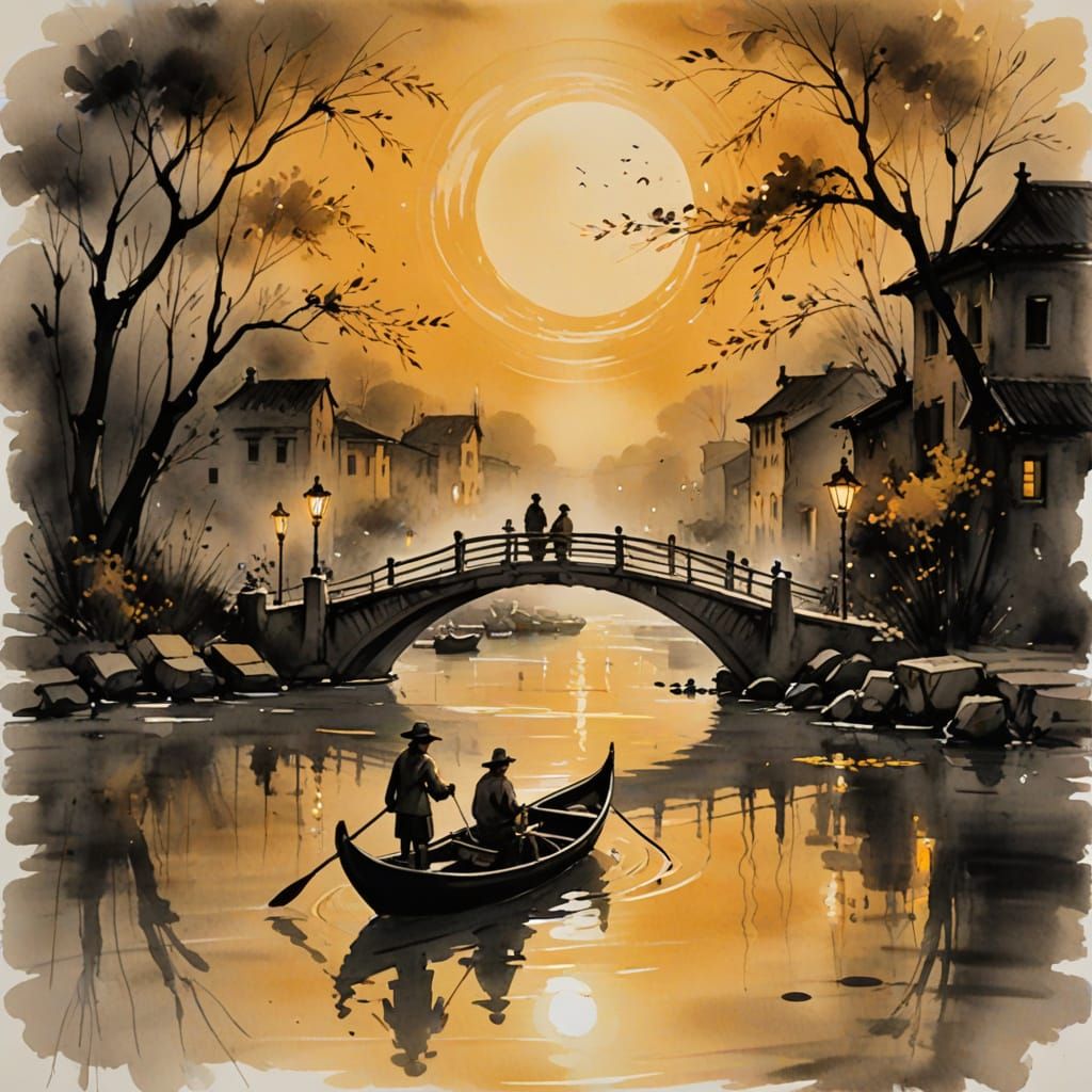 Ethereal Venetian Bridge in Ink Wash Painting