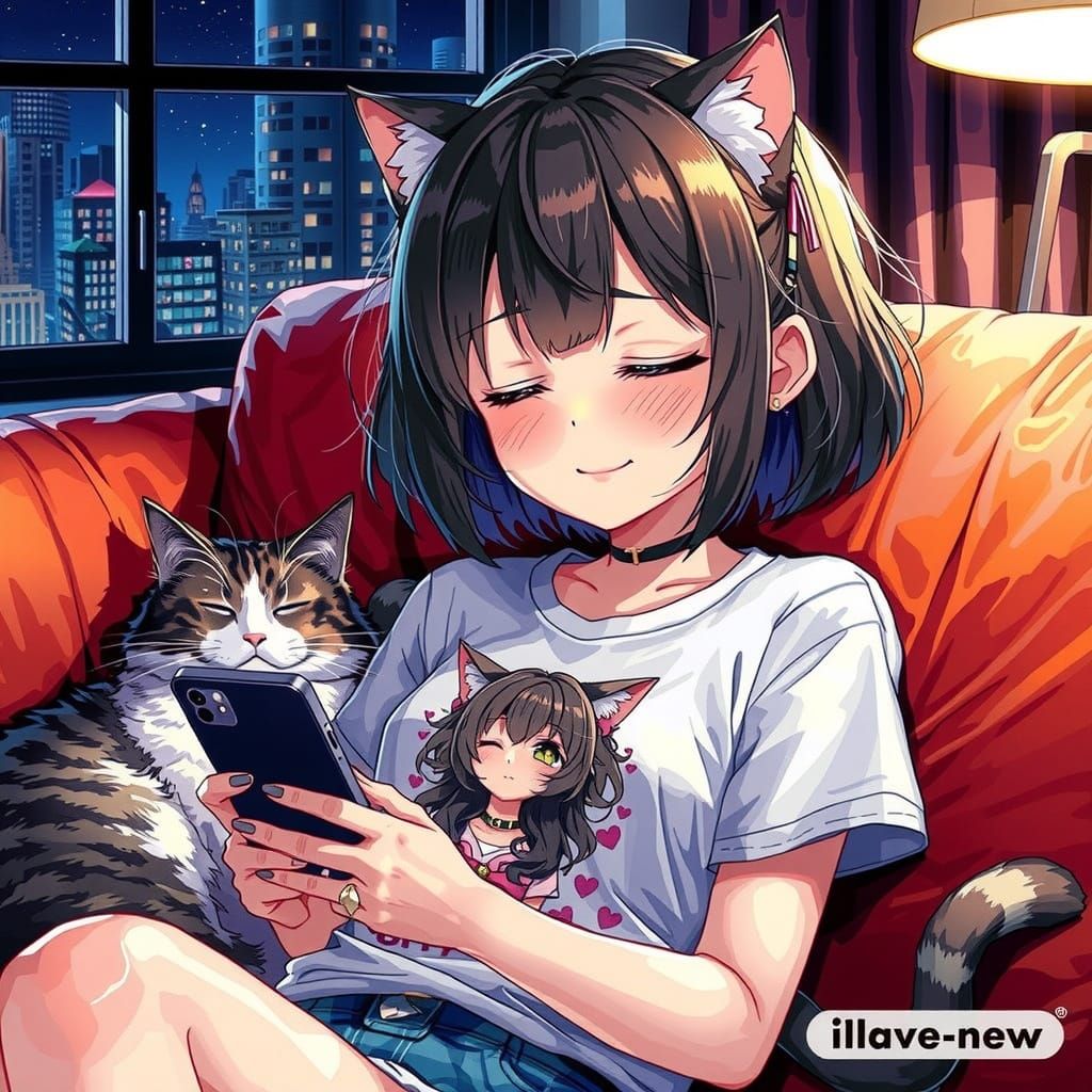 Anime Girl with Cat Features Sleeping, Studio Trigger Style