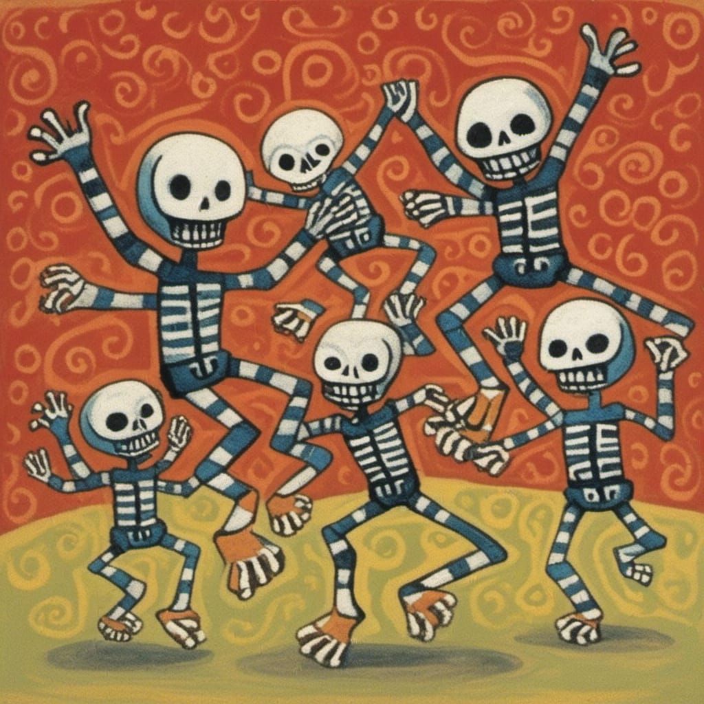 Dancing Skeletons Storybook Illustration in Dubuffet Style