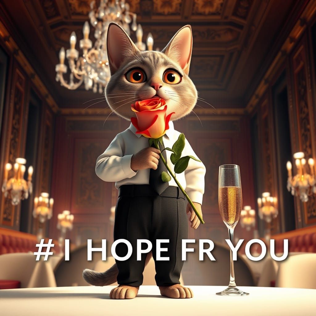 Elegant Cat in Refined Attire Holds a Rose