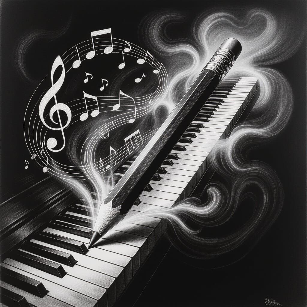 Pencil Transforms into Swirling Music and Piano Keys