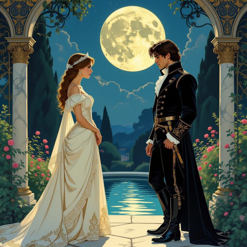 Moonlit Encounter in Lavish Garden: Art Nouveau Style