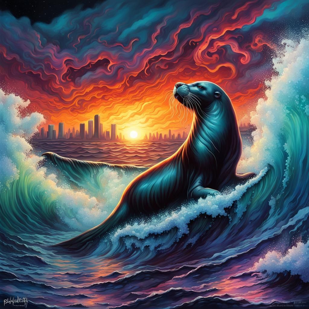 Eldritch Sea Lion Emerges in Stormy Sunset