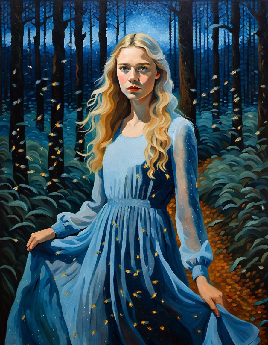 Blonde Woman in Forest, Impressionist Pointillism Style