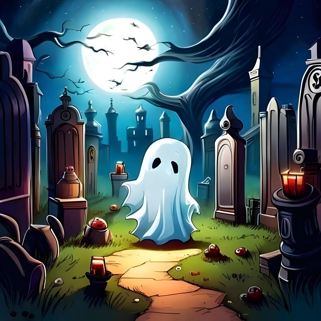 Chibi Ghost in Haunted Graveyard, Watercolor Style