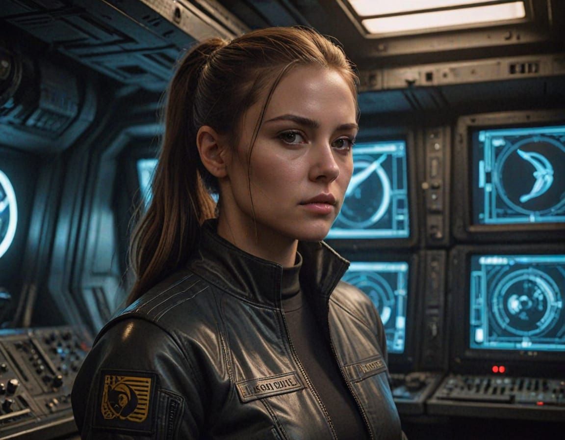 Young female special forces officer with long, straight light brown hair tied in a sleek ponytail, defined by dark, expr...