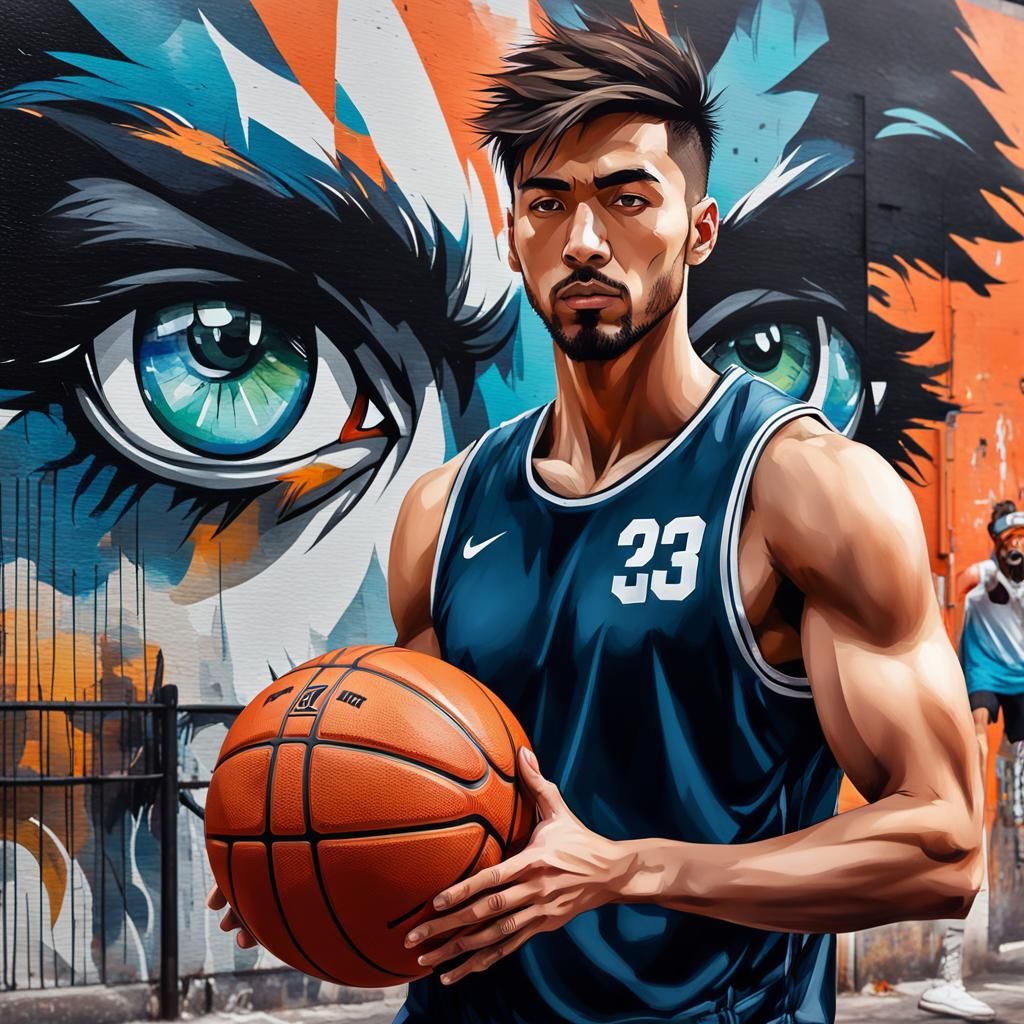 Watercolor Portrait of Basketball Player with Street Art