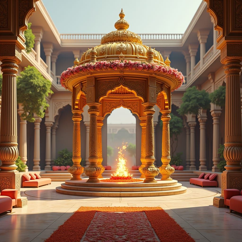 Luxurious Golden Mandap with Flowers and Jewels