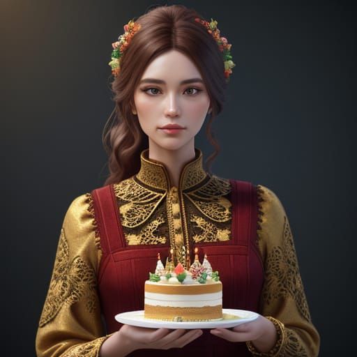 Beautiful Woman Holds Birthday Cake in Studio Lighting