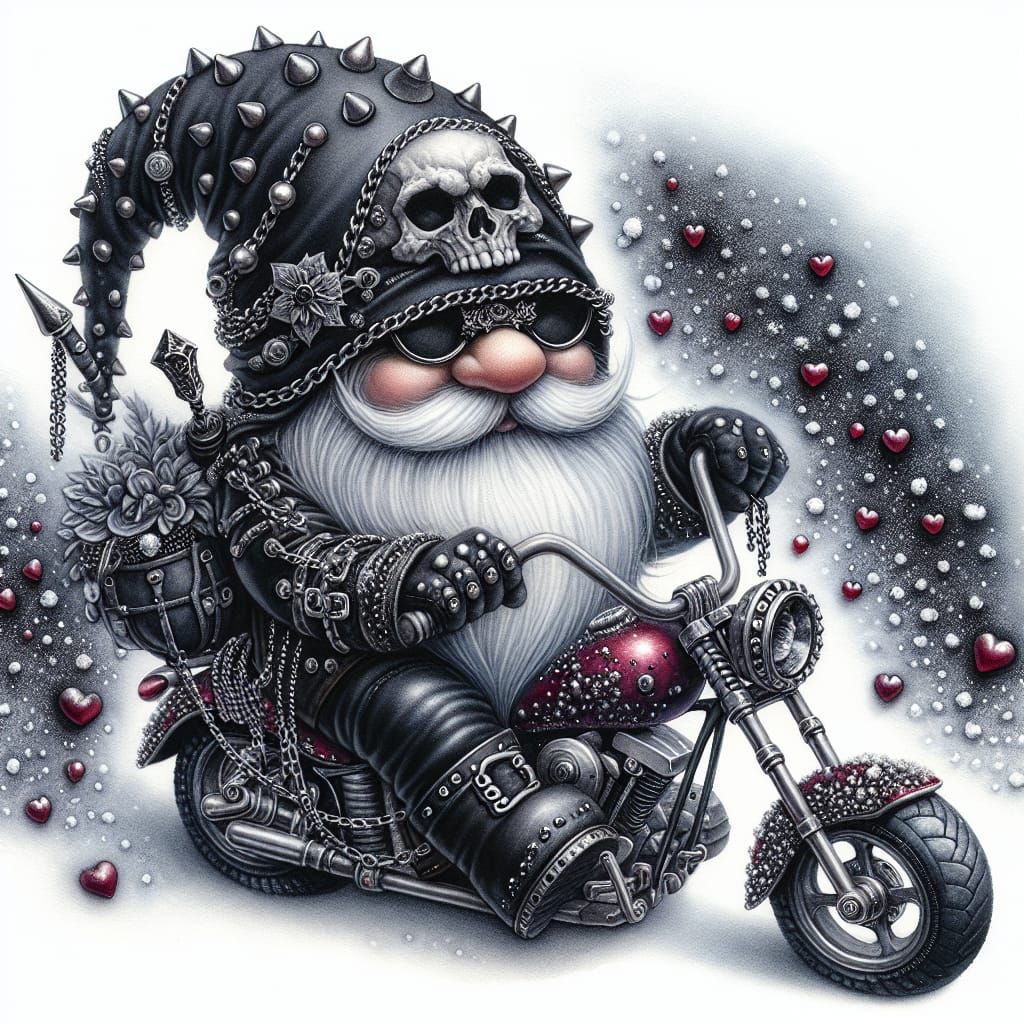 Stylized Gnome on Motorcycle in Whimsical Winter Wonderland