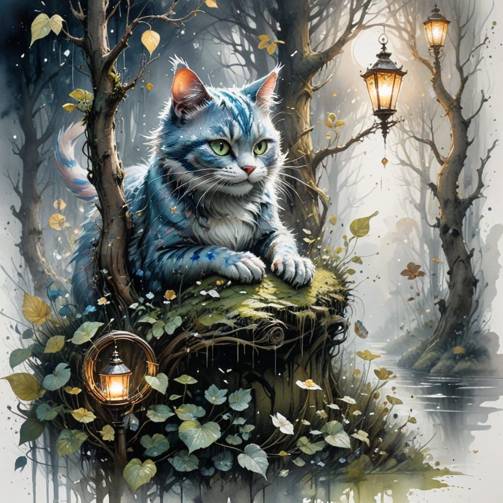 Cheshire Cat in Moonlit Maze: Watercolour Art