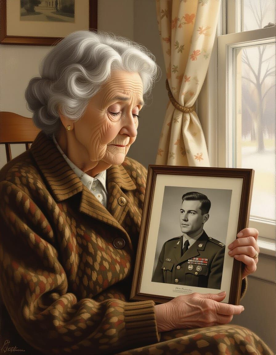 Elderly Woman Remembers Husband in Norman Rockwell Style