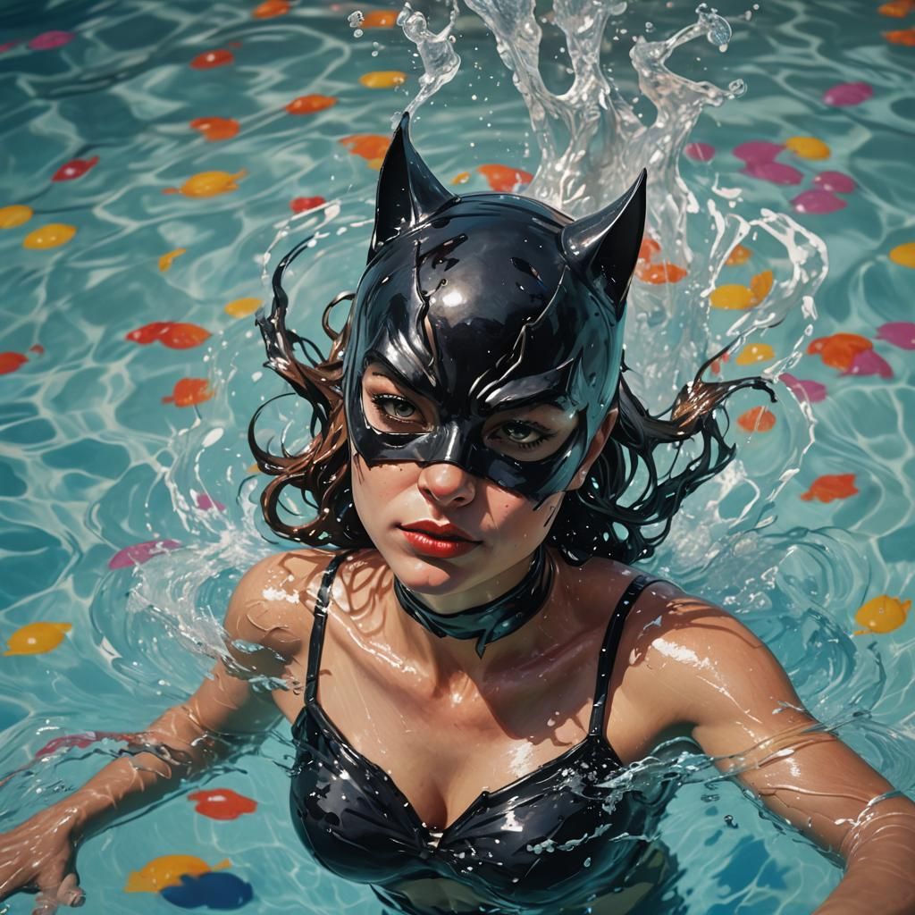 Hyperrealistic Cat Woman in Pool Splash Art