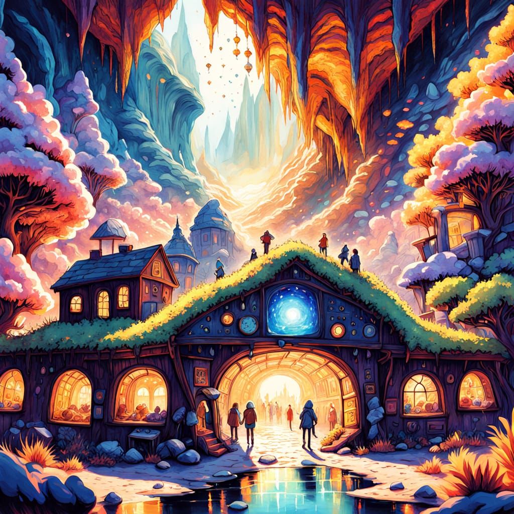 Anthropomorphic Town Inside Plato's Cave in Gouache Style