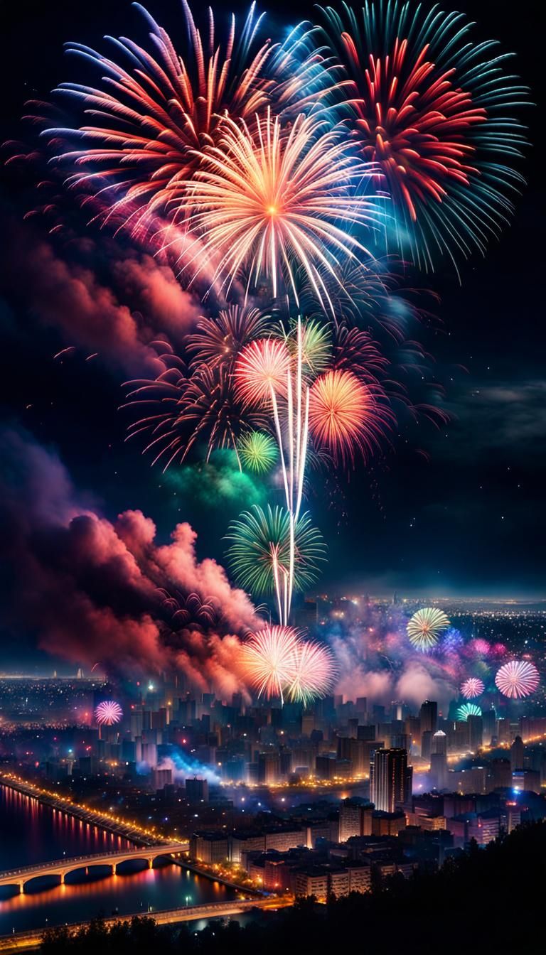 Colorful Fireworks Over City at Night
