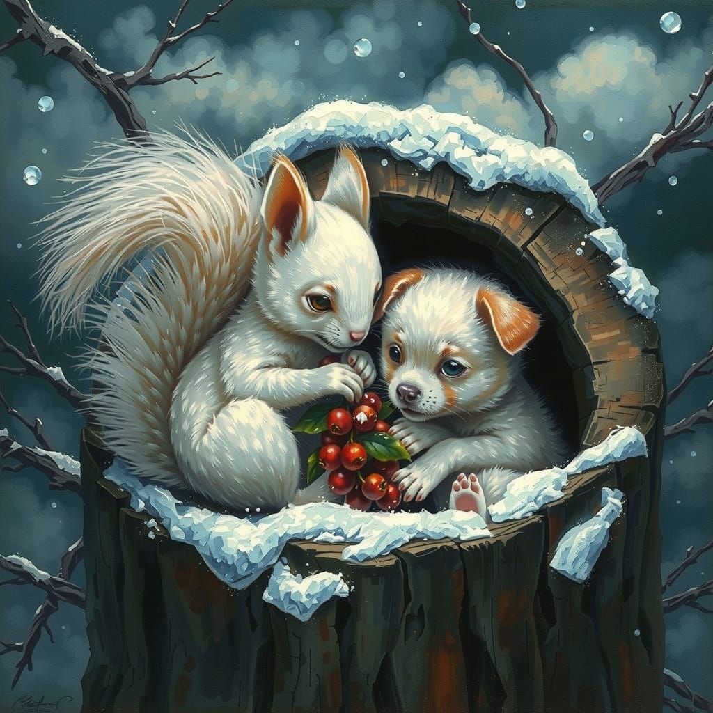 Winter Wonderland Scene with Squirrel and Puppy Sharing Berr...