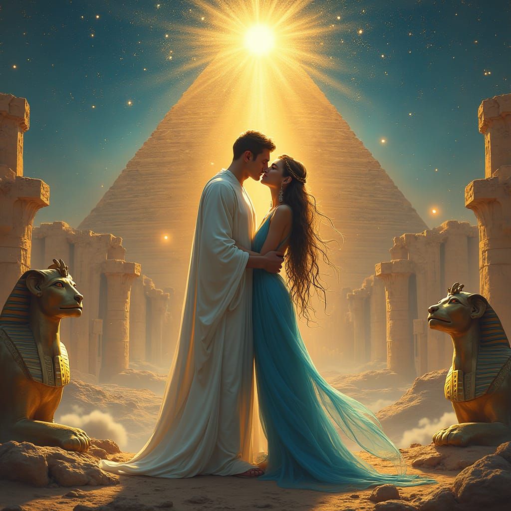Thoth and Isis Embrace in Celestial Fantasy Art