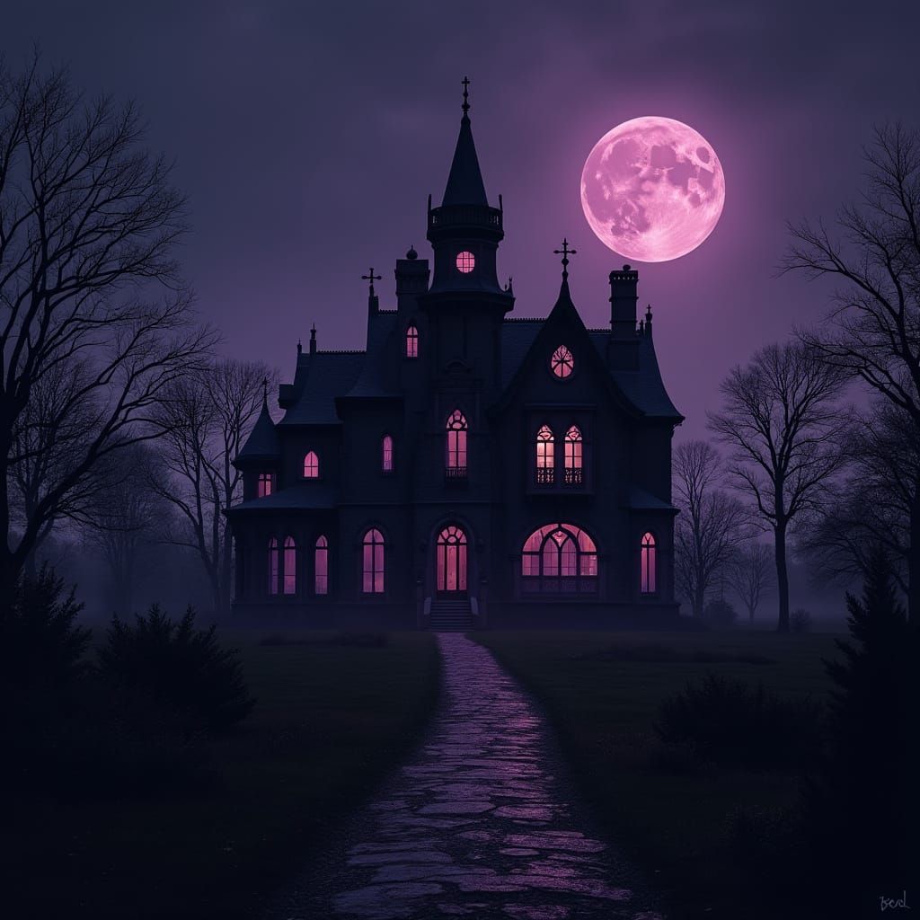 Gothic Mansion at Night in Dark Splendor