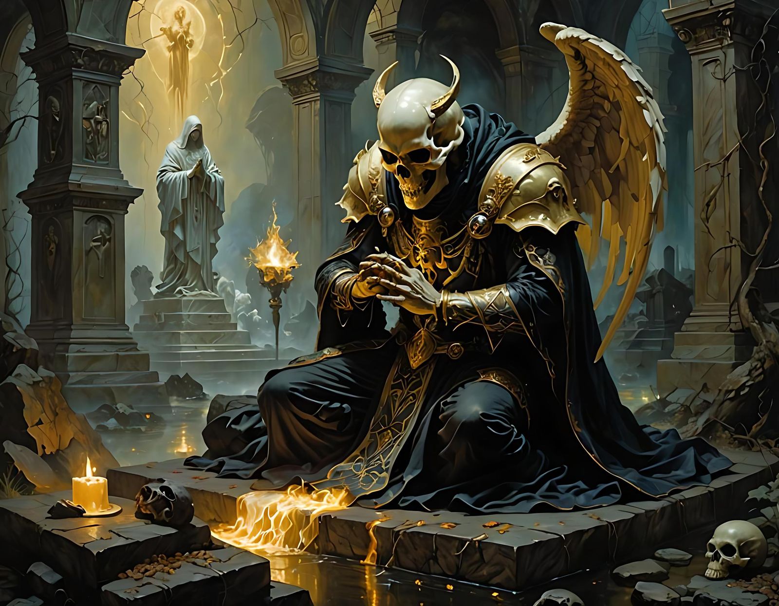Angelic Skull Praying in Graveyard, Oil Painting