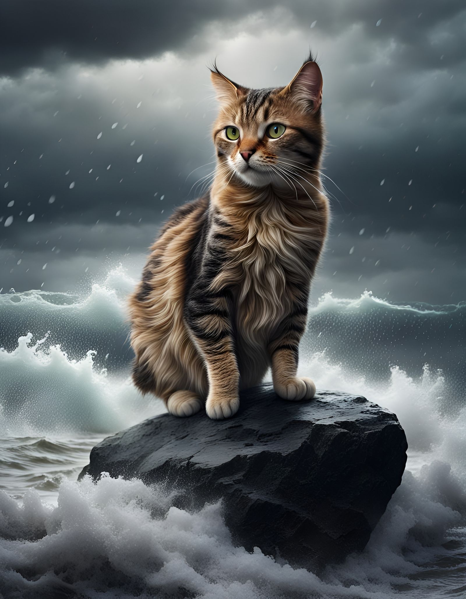 Cat Stranded on Rock in Stormy Ocean