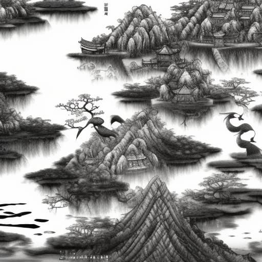 Golden Ratio Japanese Spring Landscape in Sumi-e Style