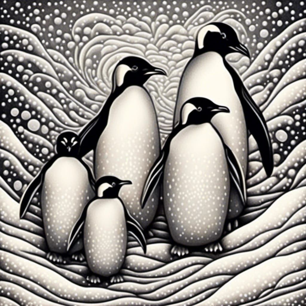 Penguin Family in Zentangle Snowscape