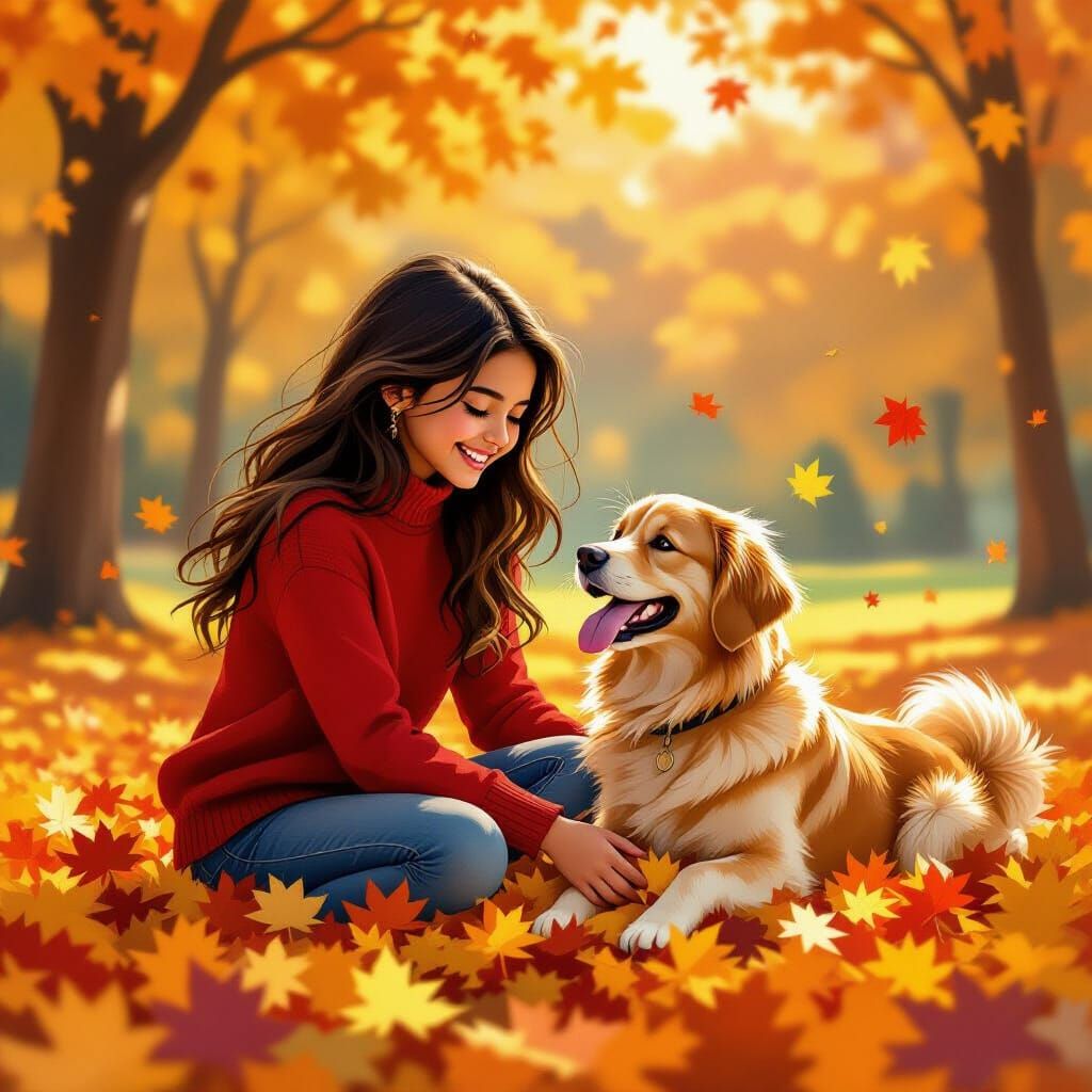 Indian Girl and Golden Retriever Play in Autumn Leaves