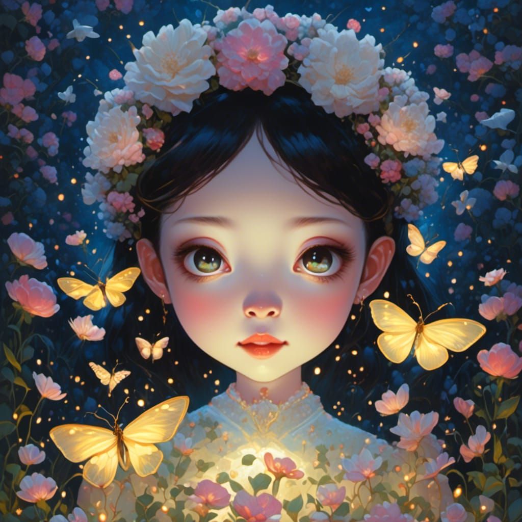Fireflies in Surreal Garden: Lowbrow Art Style