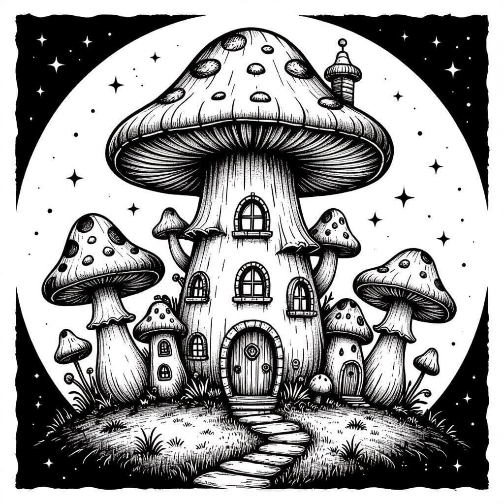Detailed Black and White Mushroom Village for Pyrography