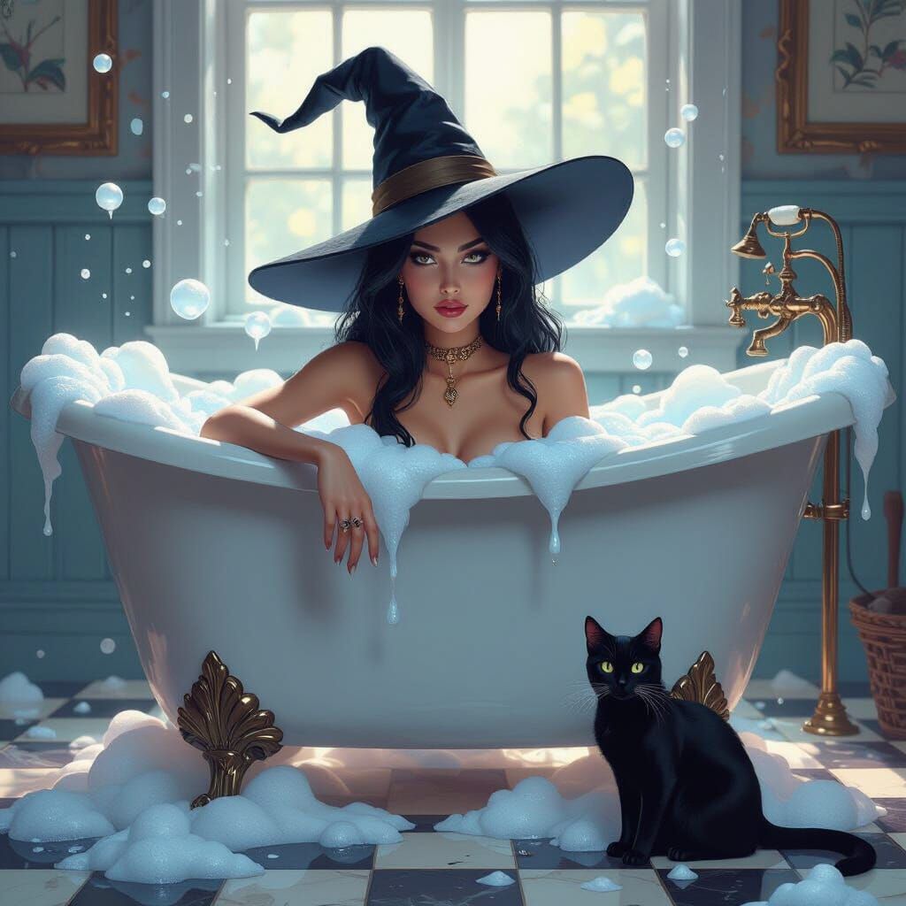 Witch in Bathtub with Black Cat, Concept Art Style
