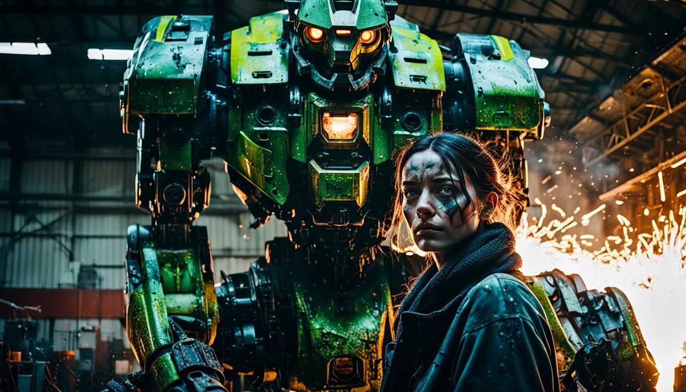 Woman Repairs Mecha Warrior in Cyberpunk Hangar