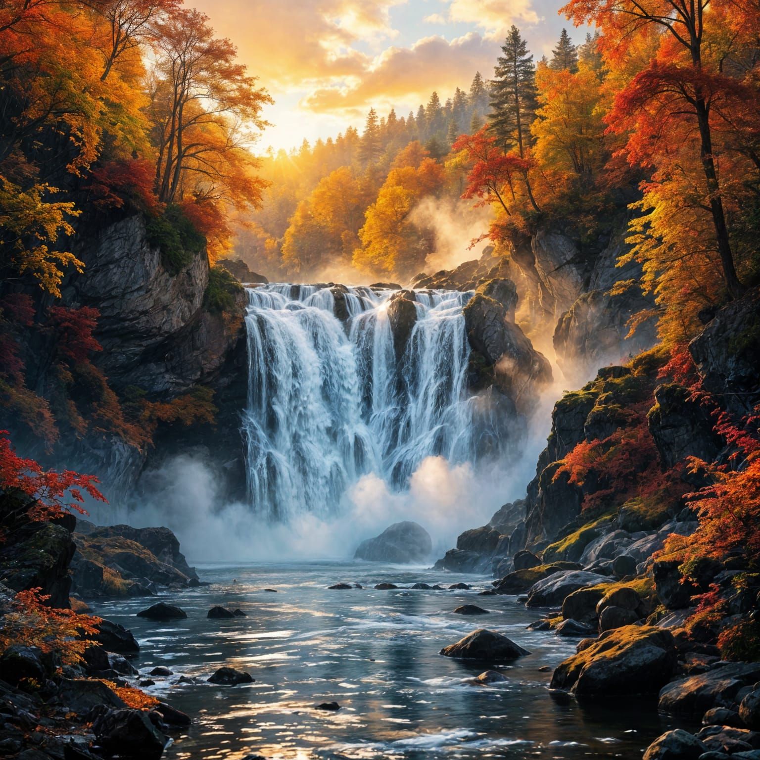Imposing Flamboyant Autumn Waterfall in Hyperrealist Style