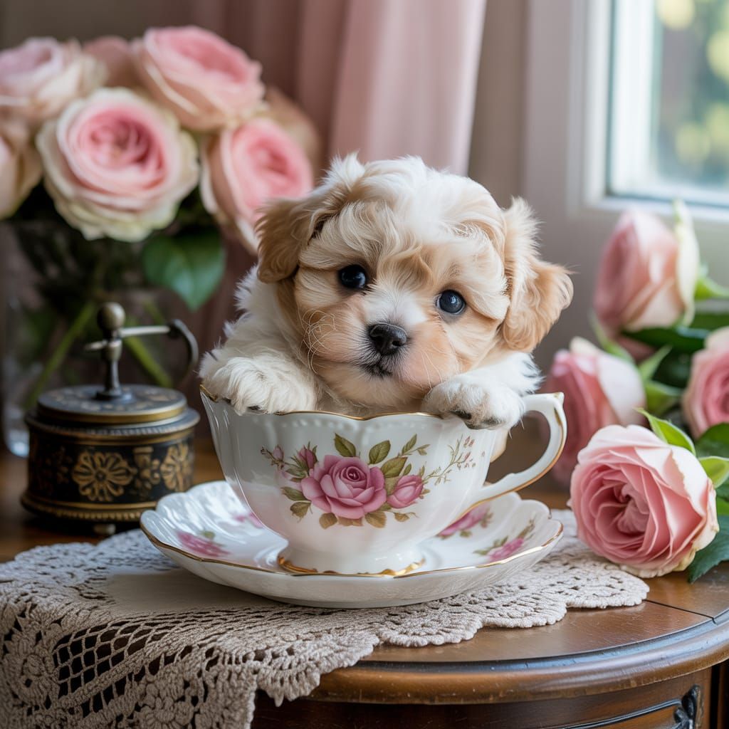 Fluffy Bichon Puppy in Porcelain Teacup