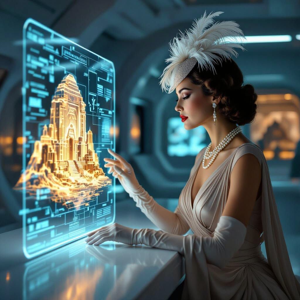 A glamorous woman in a flowing 1940s gown, complete with a f...