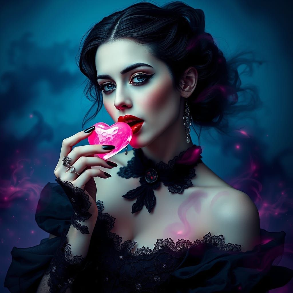 Elegant Vampire Lady Devours Glowing Heart Candy