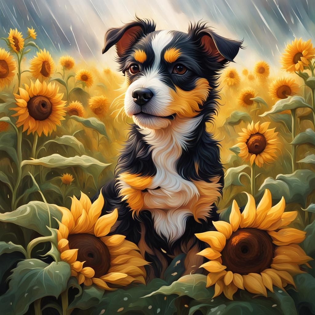 Cute Dog and Sunflowers