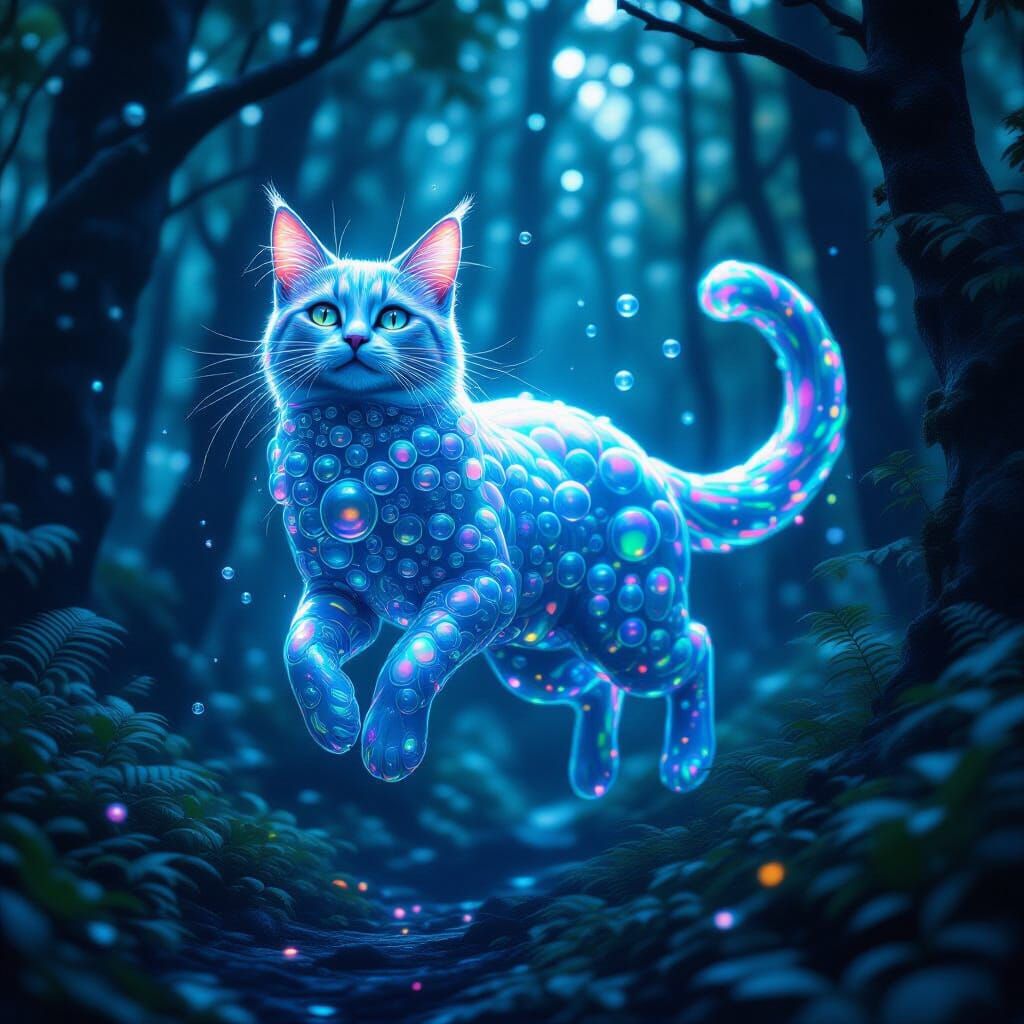Iridescent Bubble Cat in Mystical Forest