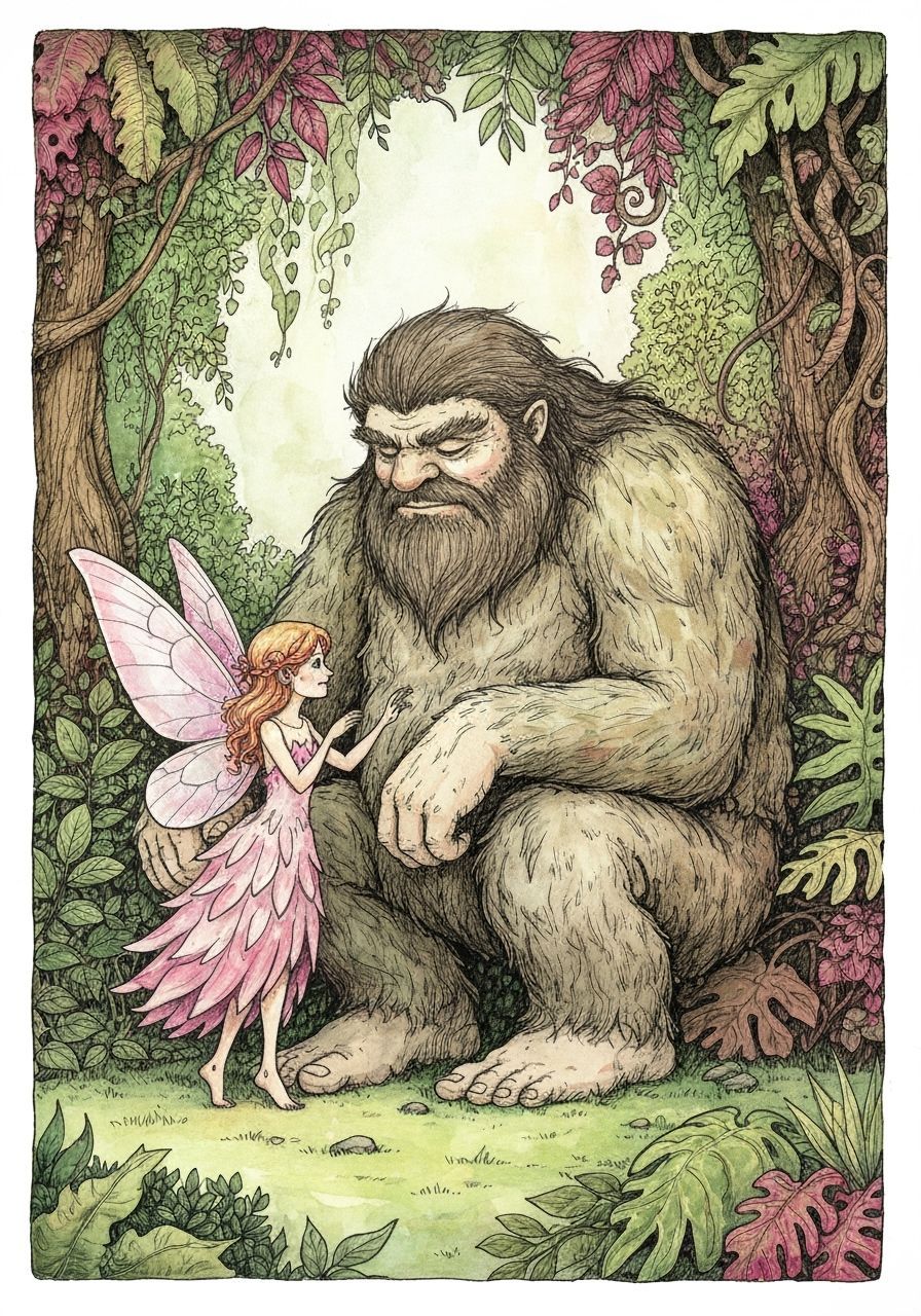 Fairy and Forest Giant in Whimsical Fantasy Style