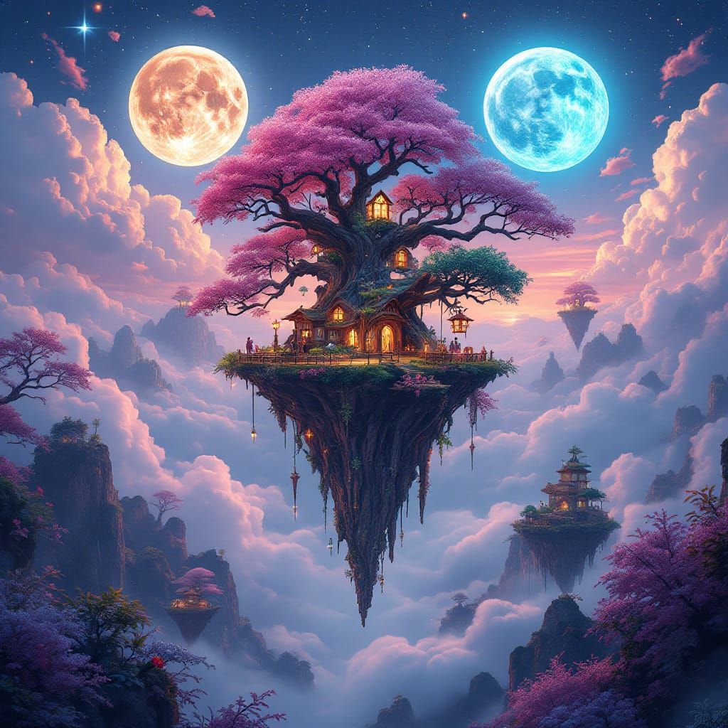 Fantastical Floating Treehouse Cloud Kingdom in Sakura Style